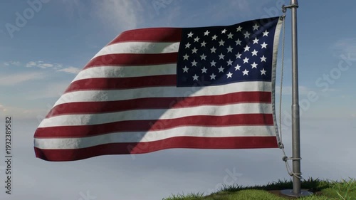 American Flag Waving in the Wind on a Clear Day with Blue Sky Background