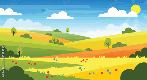 A stylized illustration of a colorful landscape scene with rolling hills