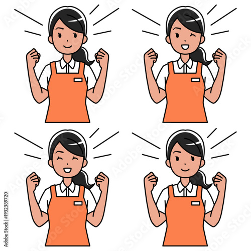 笑顔でガッツポーズをするエプロン姿の東南アジア系女性のイラスト