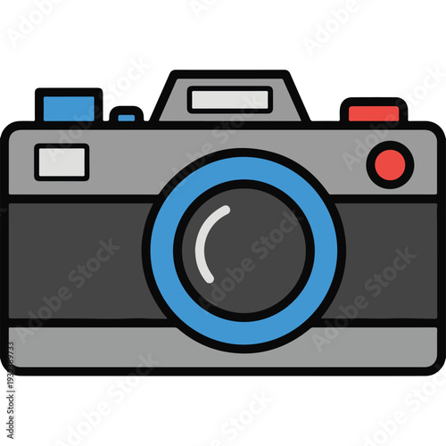 A stylized illustration of a digital camera, simple and flat