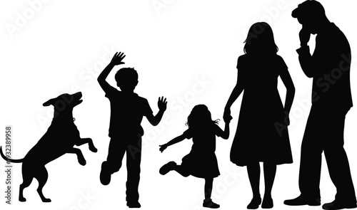Happy family with pet dog silhouettes collection set, parents and children playing with domestic canine animal