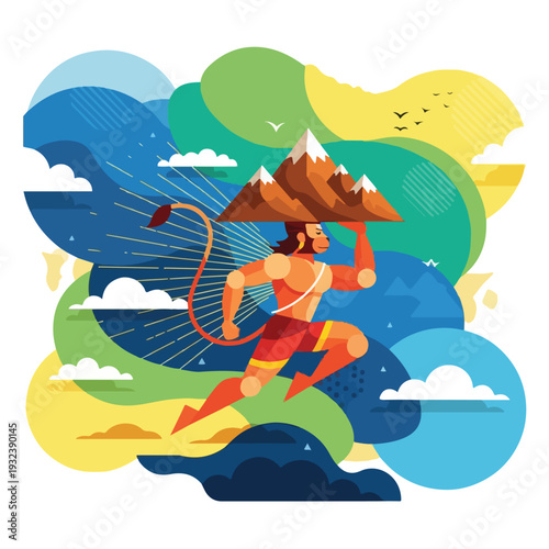 A stylized illustration of a muscular figure carrying a mountain, amid stylized clouds and birds