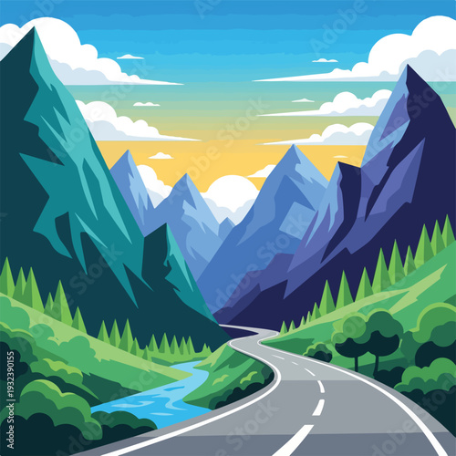 A stylized illustration of a mountain scene with a winding road
