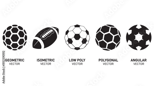 Vector soccer balls, geometric shapes, isometric, low poly, polygonal, angular vector illustration