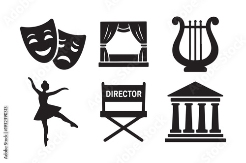 Black silhouette icons representing theater dance and classical arts