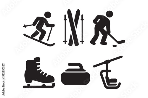 Winter sports icons skiing skating curling and a ski boot illustration