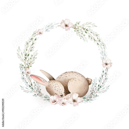Watercolor cute sleeping baby bunny animal. Woodland nursery isolated whimsical rabbit illustration soft pastel for children. watercolour stump and acorn forest drawing with floral elements. 