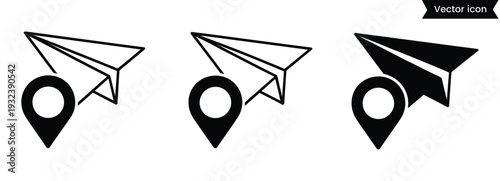 Modern paper airplane icons in map pin shapes for navigation and communication