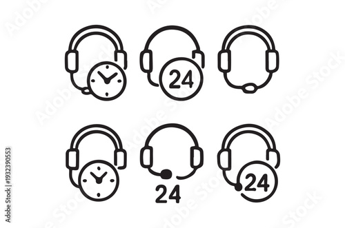 Line art icons depicting headphones combined with clocks and numbers