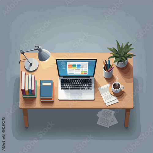 A stylized illustration of a wooden desk with office supplies