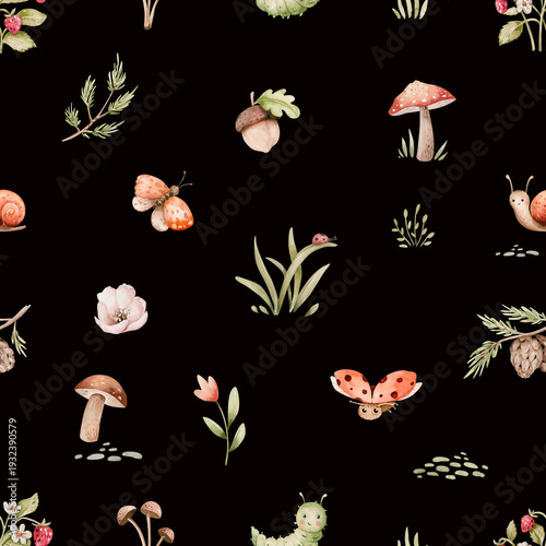 Whimsical Woodland Pattern with charming and delicate seamless pattern featuring soft color mushrooms, sprigs of foliage, and tiny berries, creating a whimsical woodland scene