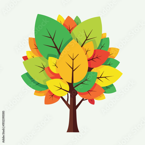 A stylized illustration of a tree with colorful, layered leaves