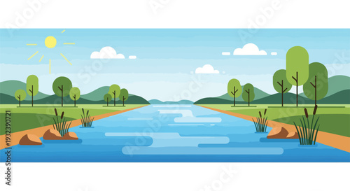 A stylized landscape featuring a river, trees, hills, and a sunny sky