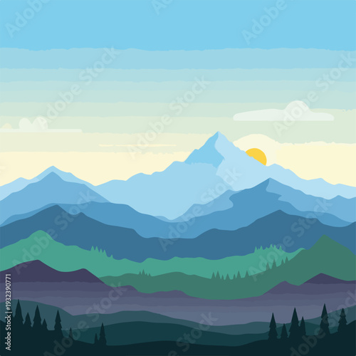 A stylized landscape featuring mountains and trees with a sunset