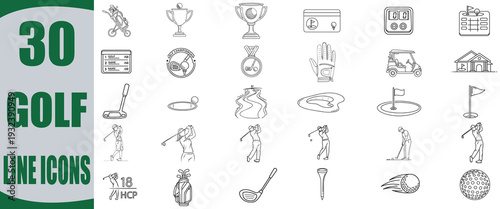  golf line icons depicting equipment and player actions eps 10