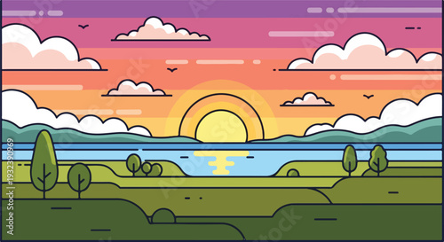 A stylized landscape illustration depicting a sunset over a body of water