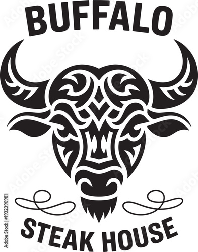 Buffalo steak house logo with tribal bull head illustration and vintage typography for branding identity
