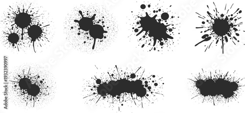 Black ink splatter and spray paint silhouettes collection set, grunge artistic splash textures for graphic design