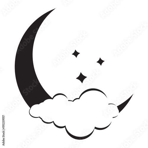 Dark Moon & Clouds Silhouette (Minimal Night Vector). Dark crescent moon with clouds silhouette, minimal night sky vector illustration, spooky fantasy background