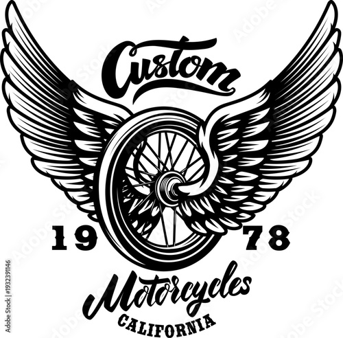 A vintage motorcycle emblem featuring a central spoked wheel with large spread wings. The design includes "Custom Motorcycles California" in stylized script.