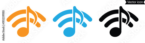 Illustrator Vector Music note with wifi signal flat icon silhouette. Eye-catching vector icons of music notes perfect for music-related projects, adding a modern touch to your designs.

