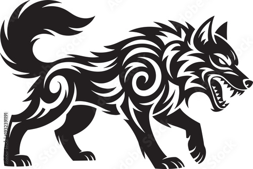 Aggressive tribal wolf howling with fierce teeth and stylized fur patterns black and white tattoo design