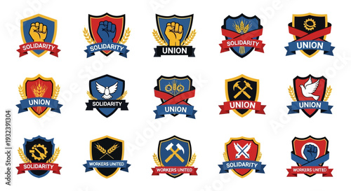 Labor Union Emblems: Solidarity, Unity, Fist, Wheat, Tools, Peace