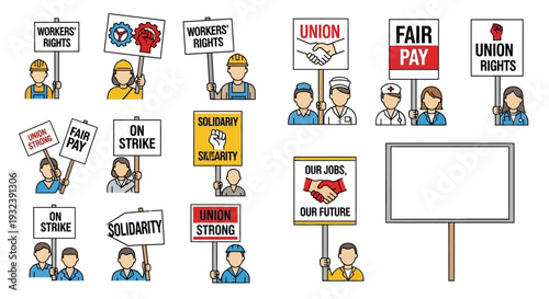 Labor Union Protest Signs and Workers on Strike Icons