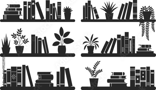 Bookshelf silhouettes collection set with various books and indoor plants, library interior and home office concept