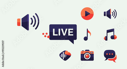 Live Streaming Icons: Play Button, Camera, Sound, Chat, Music Notes
