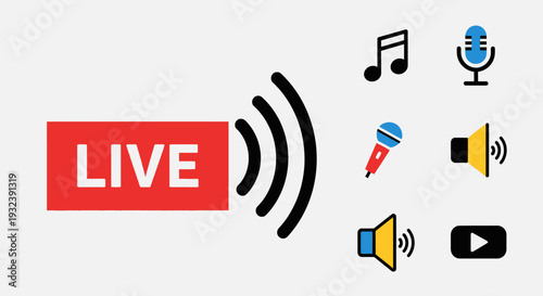 Live Streaming Icons: Microphone, Music, Speaker, Play Button, Signal Waves