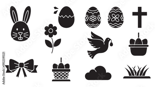 Easter icons set with bunny face, decorated eggs, flower, dove, cross, baskets, bow, cloud and grass silhouettes