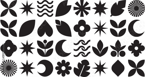 Abstract geometric floral shape collection, modern black silhouette vector icons set for fashion branding and decorative design
