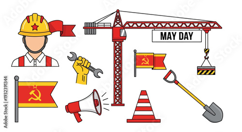 May Day Labour Day Construction Worker Crane Flags Megaphone Tools Vector Illustration