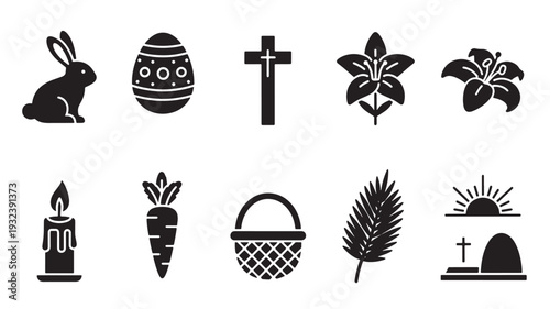 Easter icons set with bunny, decorated egg, cross, lilies, candle, carrot, basket, palm leaf, and sunrise grave