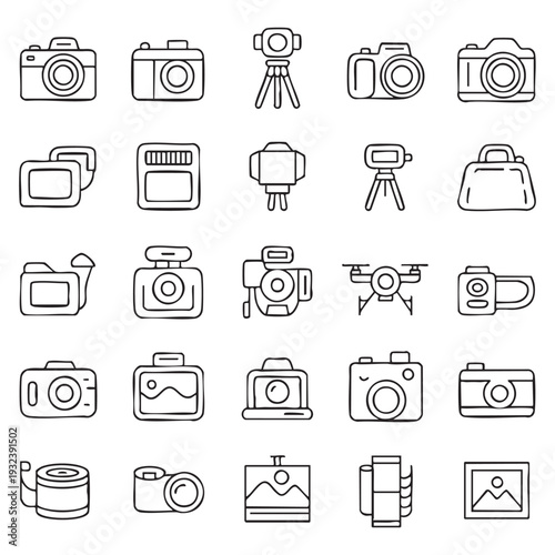 Set of black and white line featuring various cameras and equipment line cameras tripod