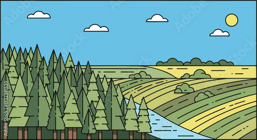 A stylized nature scene, with trees, fields, sky, sun, and clouds