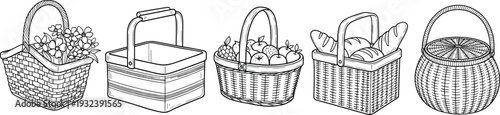 Wicker basket set with picnic hamper fruit basket bread basket and floral basket for cad drawing flat vector illustration design,