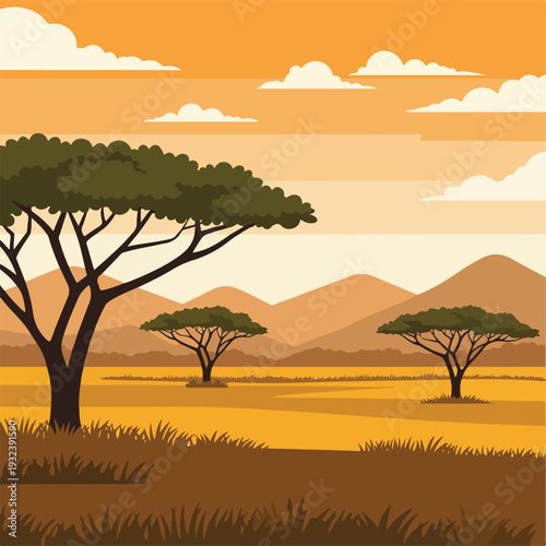 A stylized savanna scene with acacia trees under a warm, orange sky