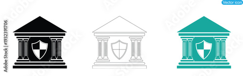Home security, digital lock  protection icons on a white background. Vector icons of buildings with shields on columns in black, white, and teal