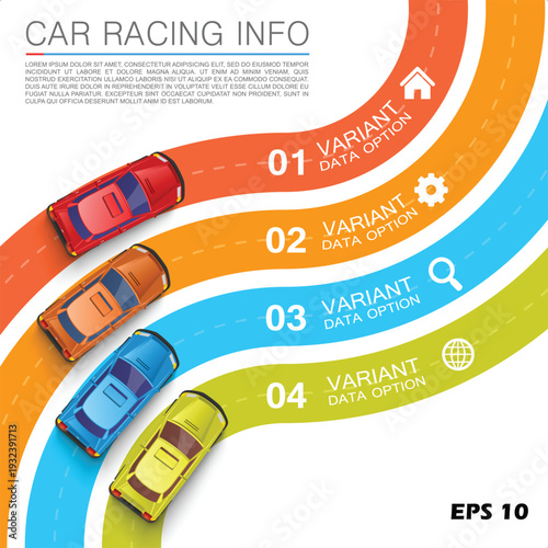 Car Racing Infographic. Vector Illustration of Four Colorful Race Cars on a Curved Track with Numbered Data Variants and Business Icons