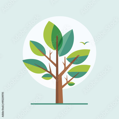 A stylized tree with green leaves, birds, and a light-blue background