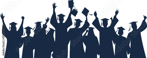 Happy graduates silhouettes collection set, students wearing academic gowns and caps celebrating graduation university degree success