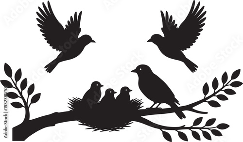 Bird Silhouette Family on Tree Branch Vector Illustration, Flying and Nesting Wildlife Nature Scene