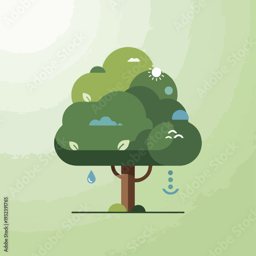 A stylized tree with nature elements, including sun, rain, and leaves