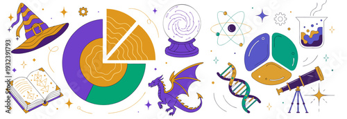 A colorful vector graphic illustration of various magical and scientific symbols and icons, including a crystal ball, DNA helix, and pie charts.
