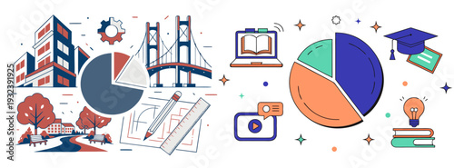 A colorful vector graphic illustration of education and business icons, including pie charts, buildings, and school supplies.
