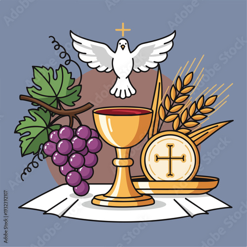 A symbolic illustration with religious components, featuring various elements