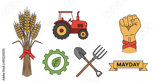 Mayday Farming Symbols: Tractor, Wheat, Tools, Fist, Gear