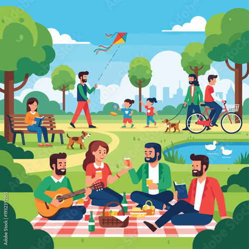 A sunny day in the park with various activities and people enjoying the outdoors